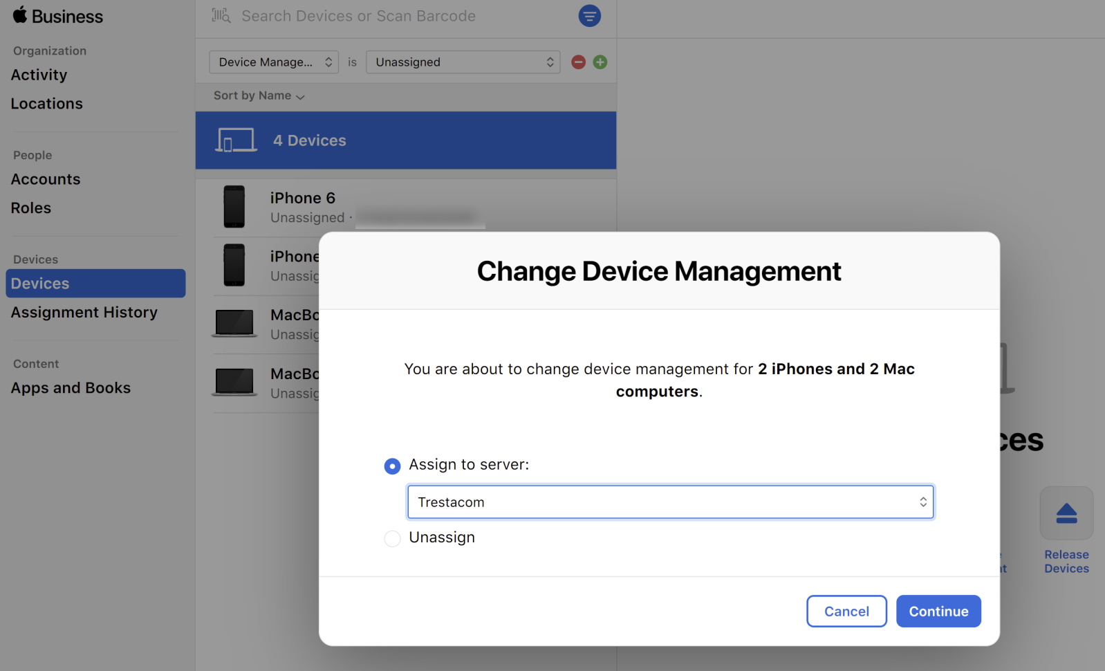 How to assign devices to an MDM server in Apple Business or School Manager using the Change Device Management option.