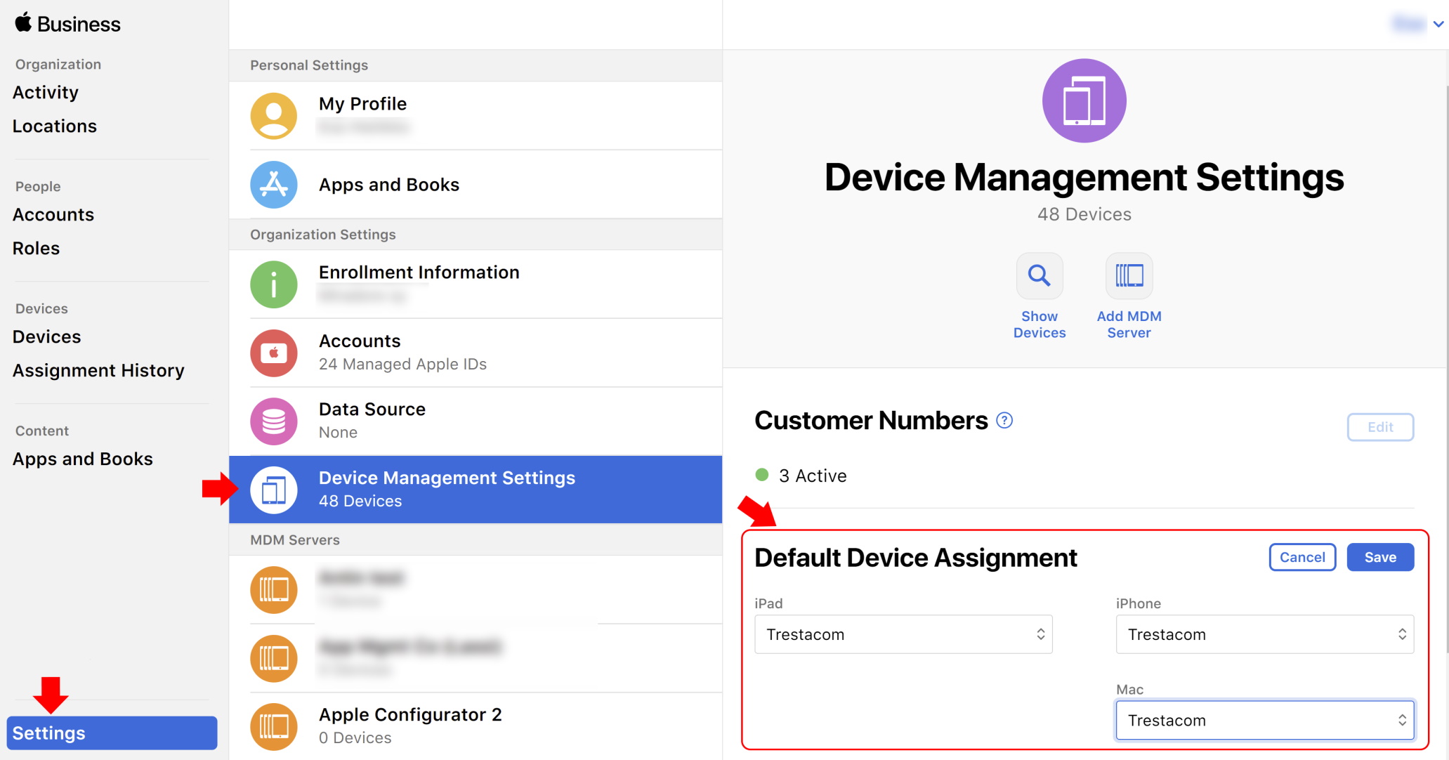 How to set the default device assignment for device types in Apple Business/School Manager.