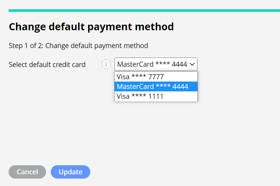 Choosing the default credit card for payments.