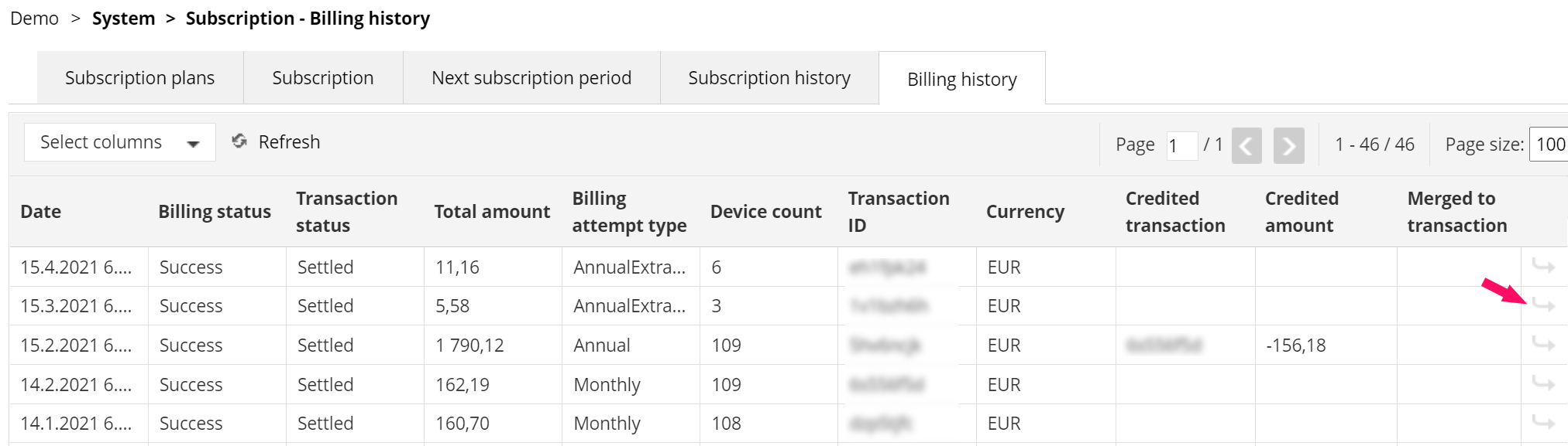 Billing history invoices