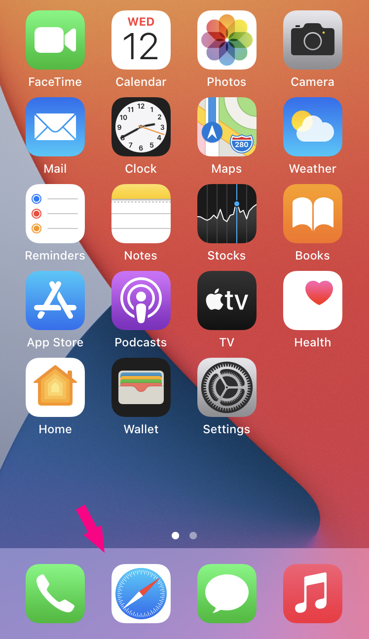 iOS Home screen with applications on the bottom bar