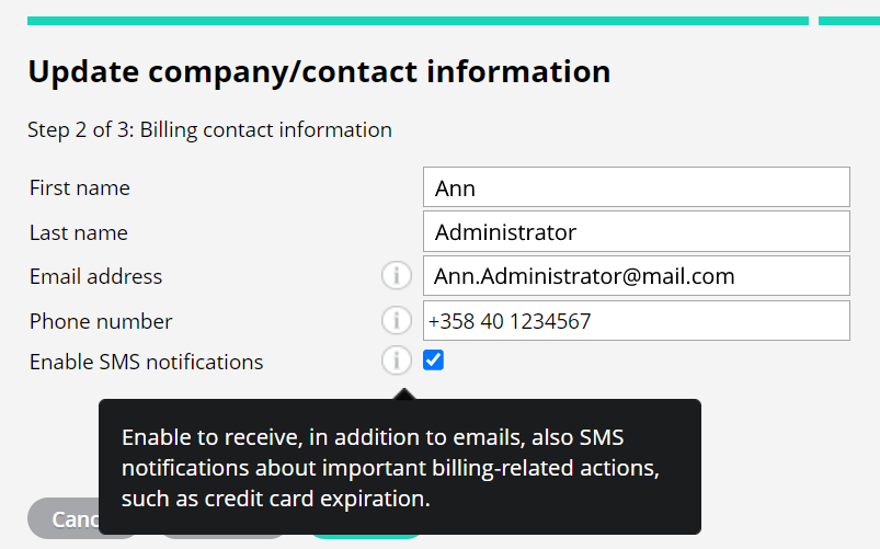 Company information enable SMS notifications