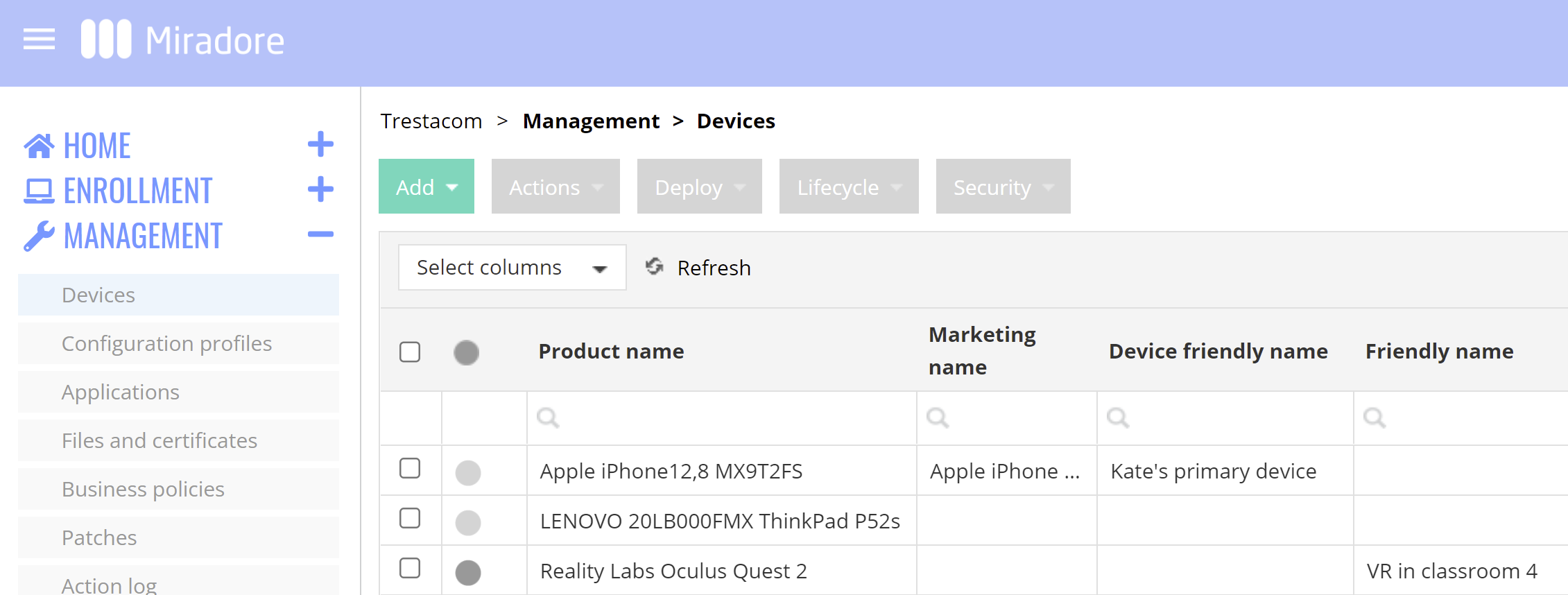 Friendly name column shows on the Devices page.