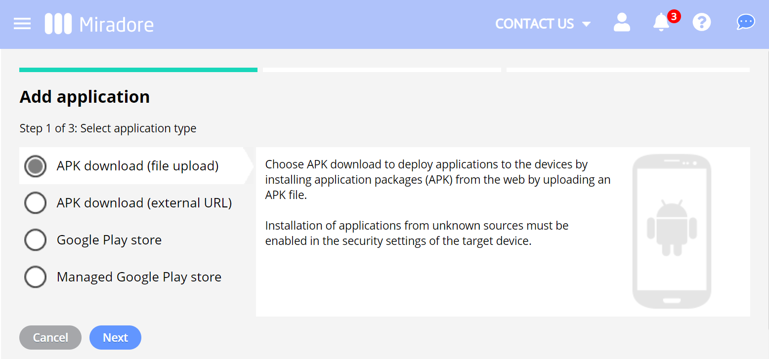 Android application package deployment in Miradore.