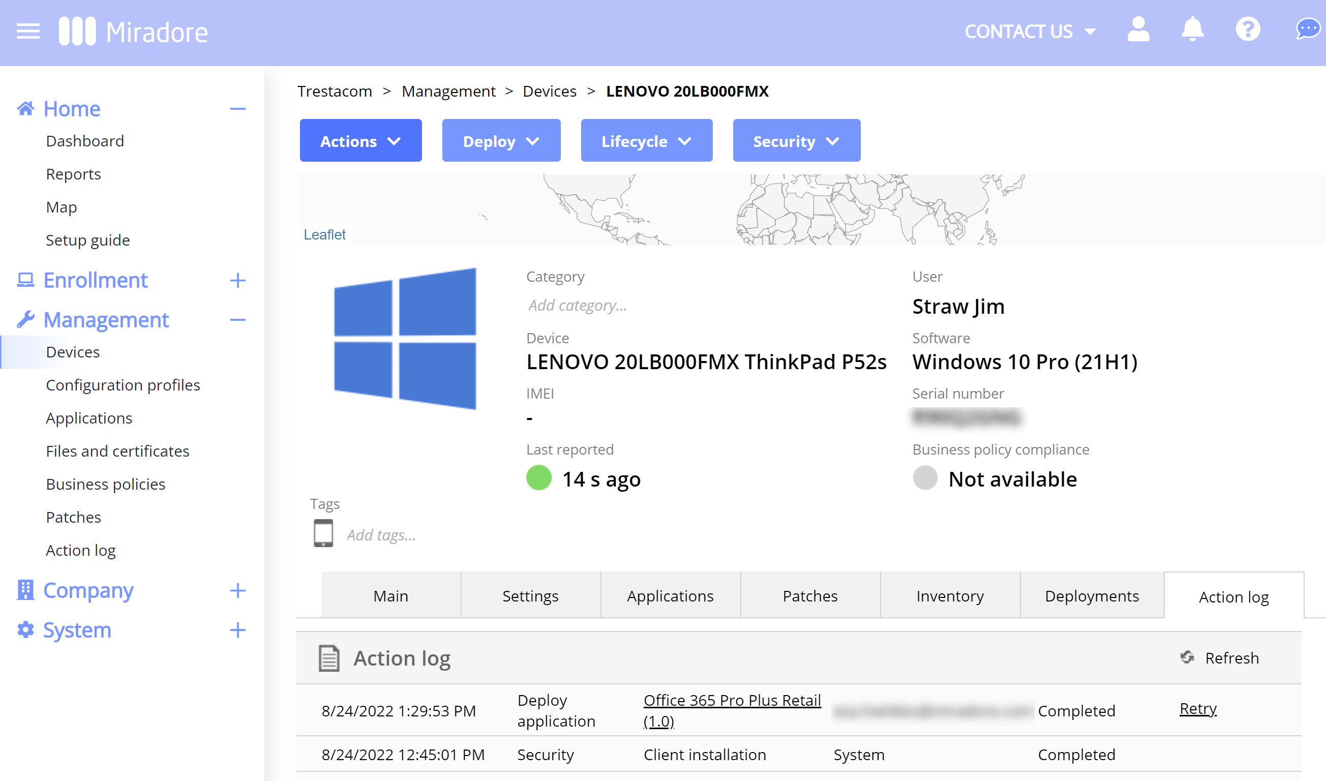 Follow-up Microsoft 365 application deployment from the Action log in Miradore