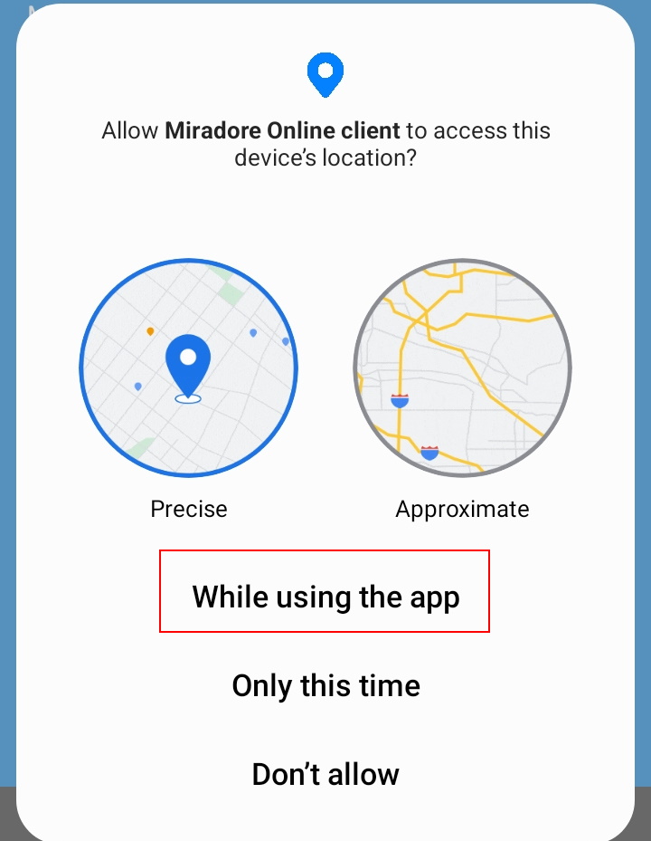 Select either Precise or Approximate location and select While using the app.