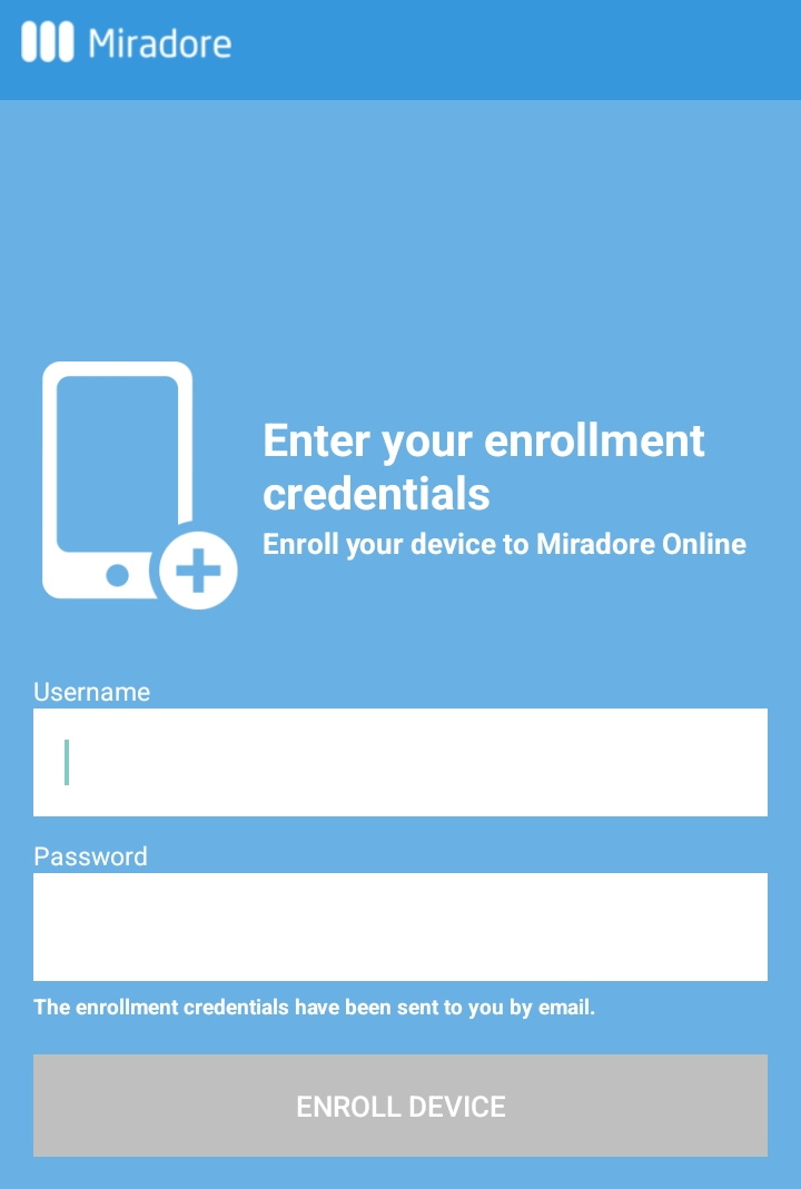 Entering enrollment credentials to Miradore.