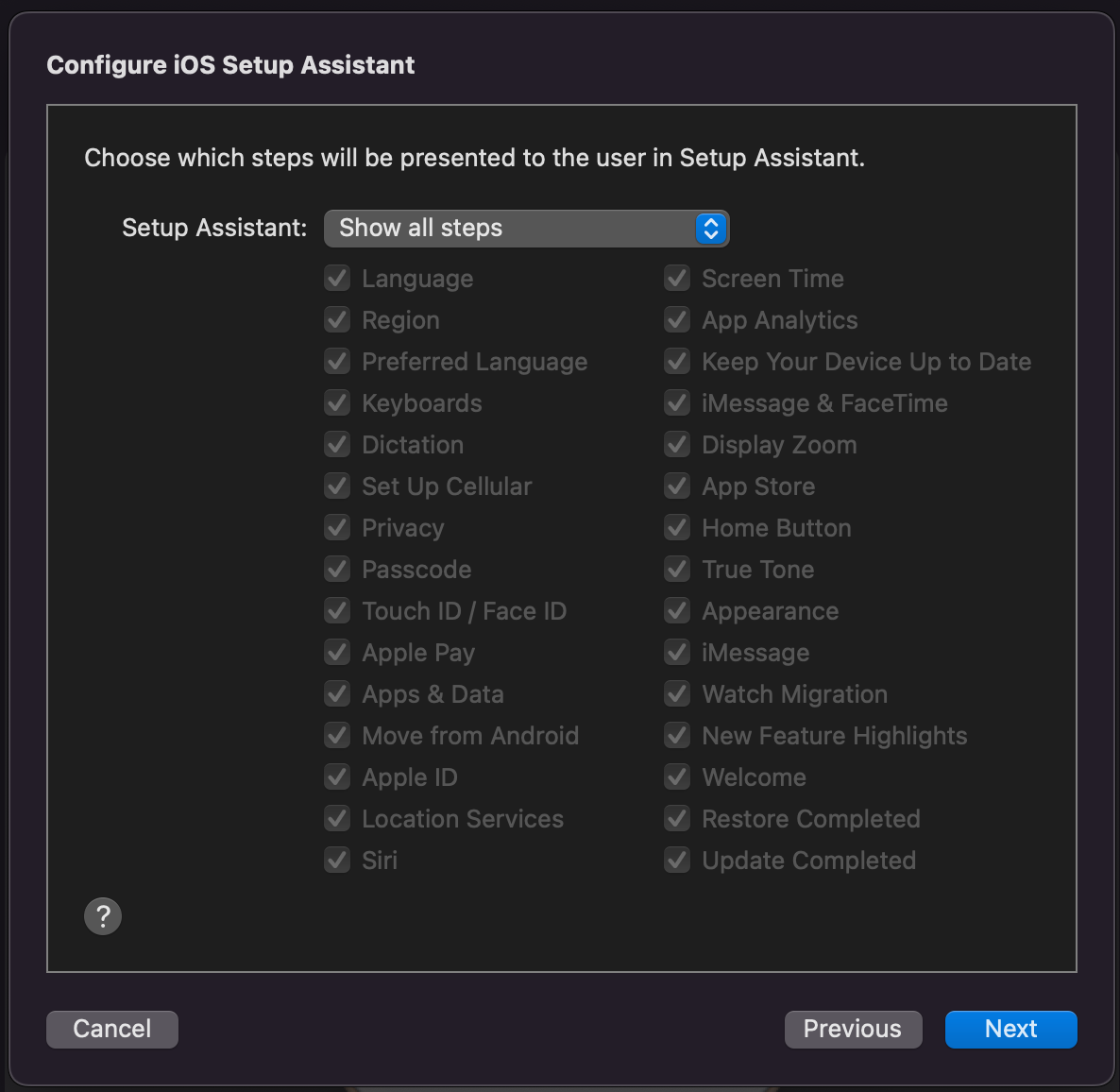 Setup Assistant show all steps Apple Configurator