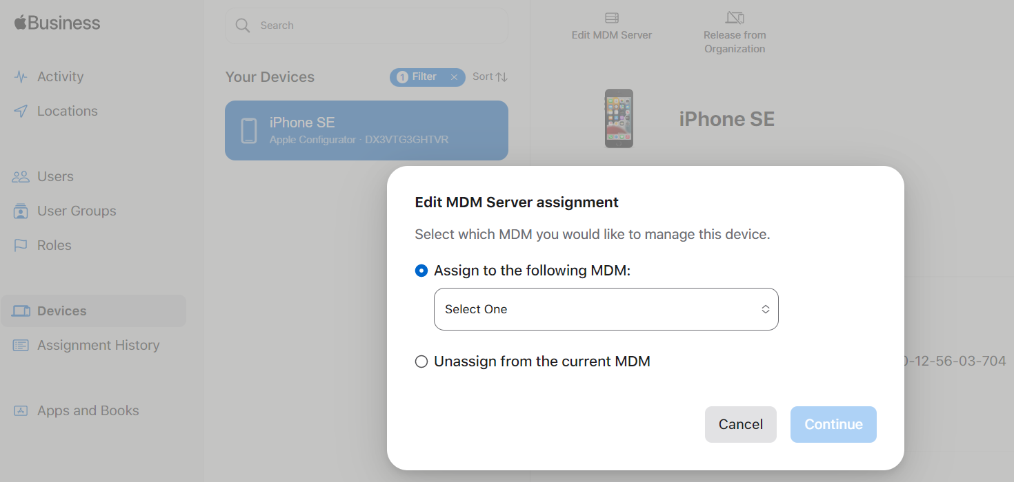 Assign a iOS device to Miradore site in Apple Business or School Manager
