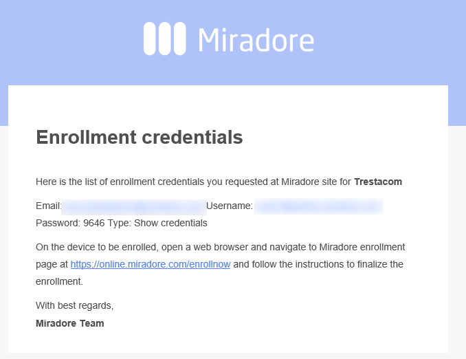 Enrollment credentials email.