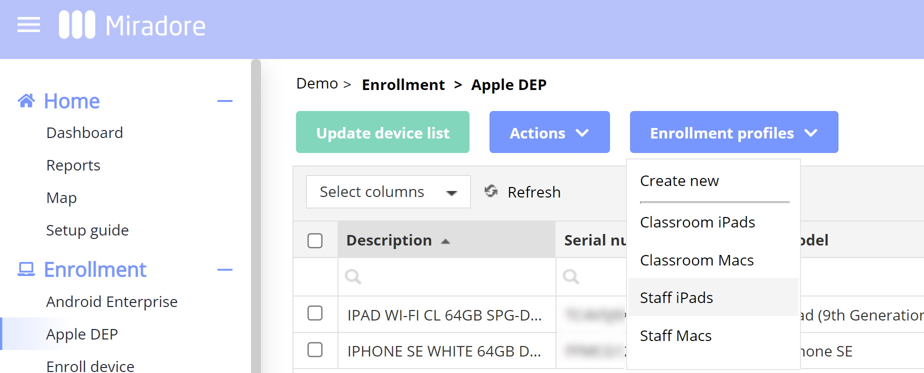 You can create, edit, assign and unassign enrollment profiles for Apple's Automated Device Enrollment on the Apple DEP page.