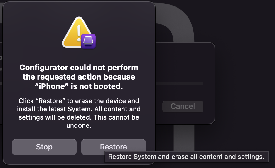 Restore device request in Apple Configurator