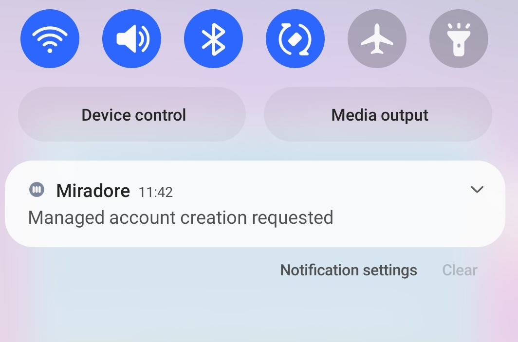 Miradore managed account creation request pop up on the device.