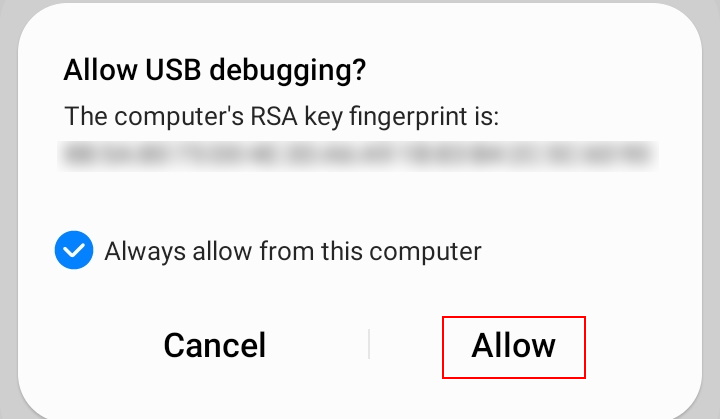 Allow USB debugging. Please note that the key fingerprint has been blurred for security reasons.