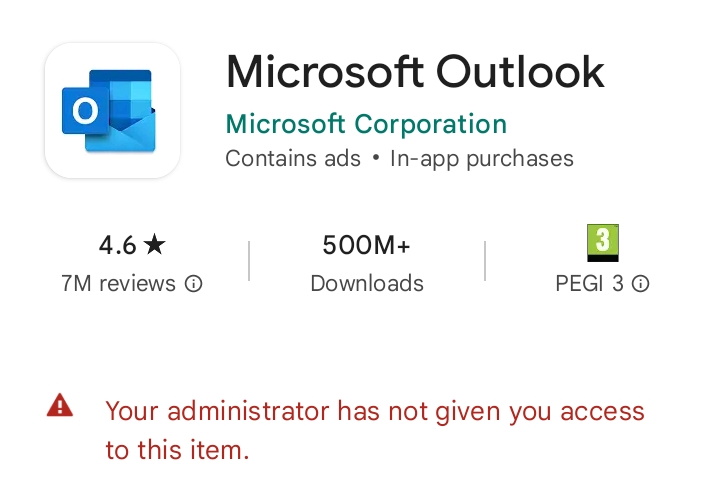 Microsoft Outlook installation restricted on Google Play.