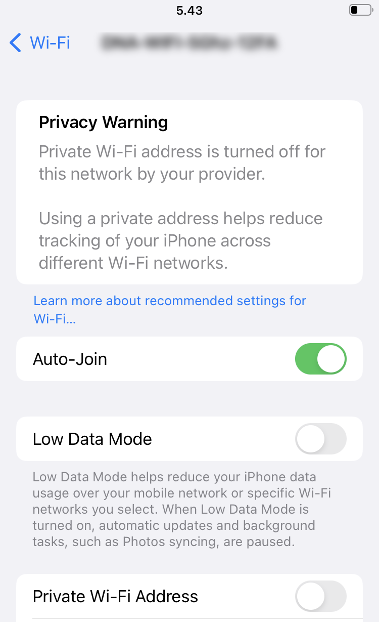 A privacy warning is shown in the iPhone Settings when Private Wi-Fi Address is disabled.