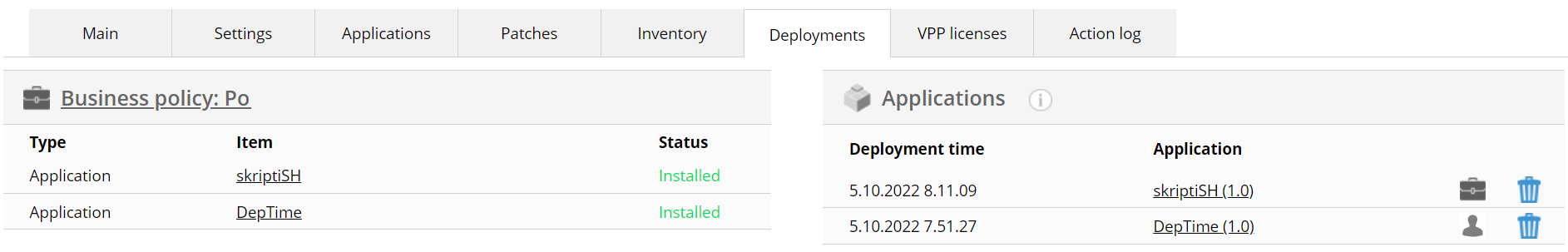 Deployments on a device