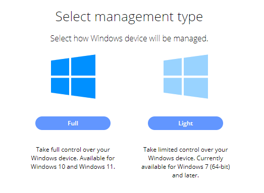 Windows devices have two management types - Full and Light.