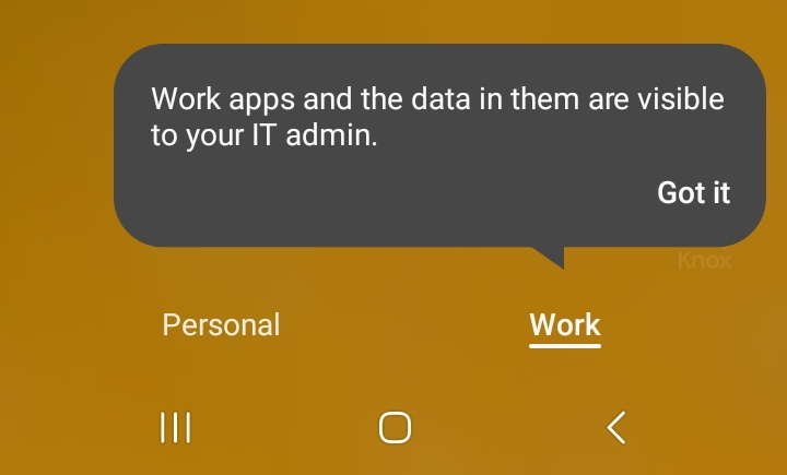 Personal and Work profiles show on the device.