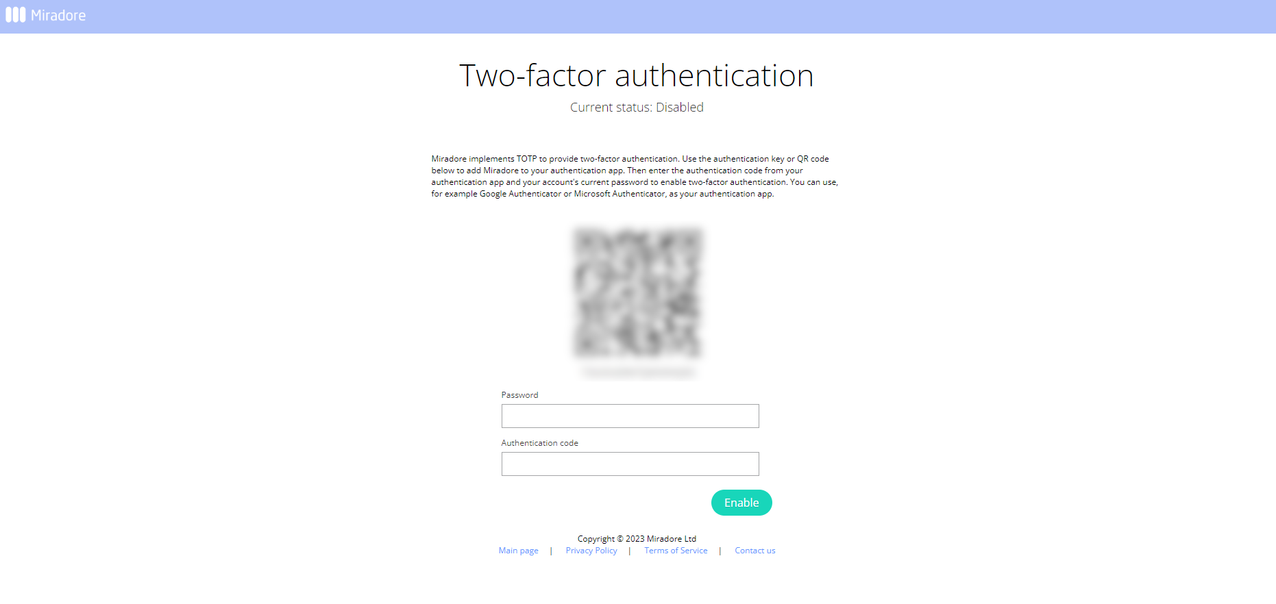 Miradore - two factor authentication current status disabled blurred