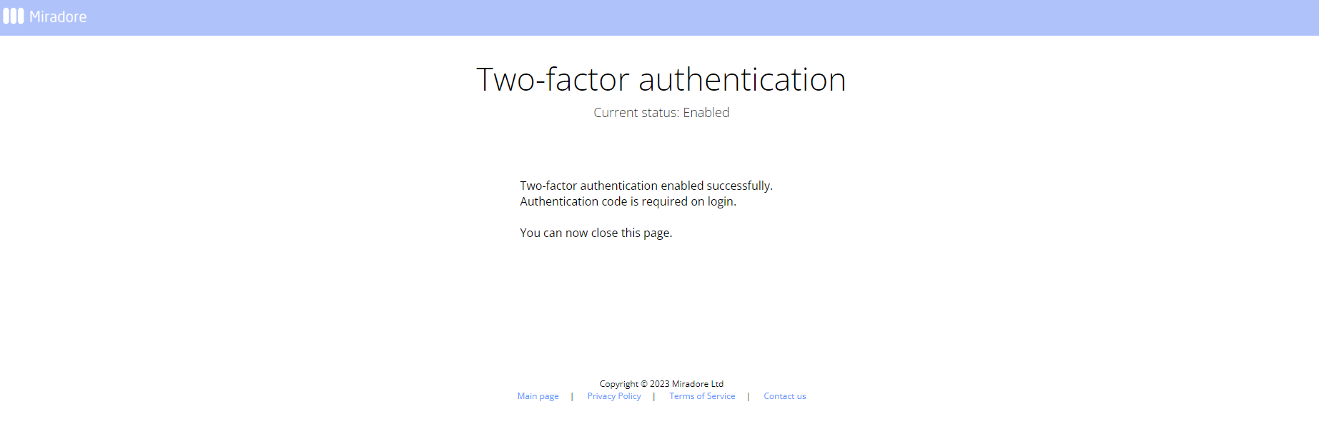 Two-factor authentication enabled in Miradore.
