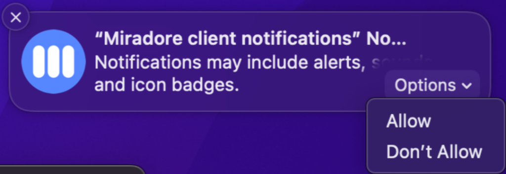 Allow notifications from Miradore Notifier on Mac for patch installations