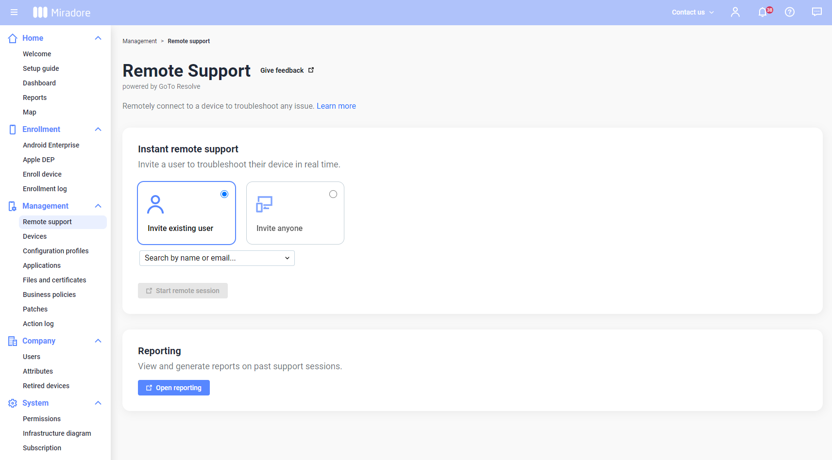Remote Support page in Miradore