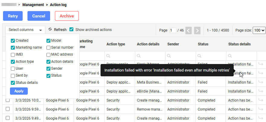 Management > Action log page showing Retry, Cancel, and Archive buttons; Select columns open with column checkboxes; Refresh and Show archived actions enabled; and a table of actions with several Failed entries, including a tooltip reading ‘Installation failed with error ‘Installation failed even after multiple retries’’.