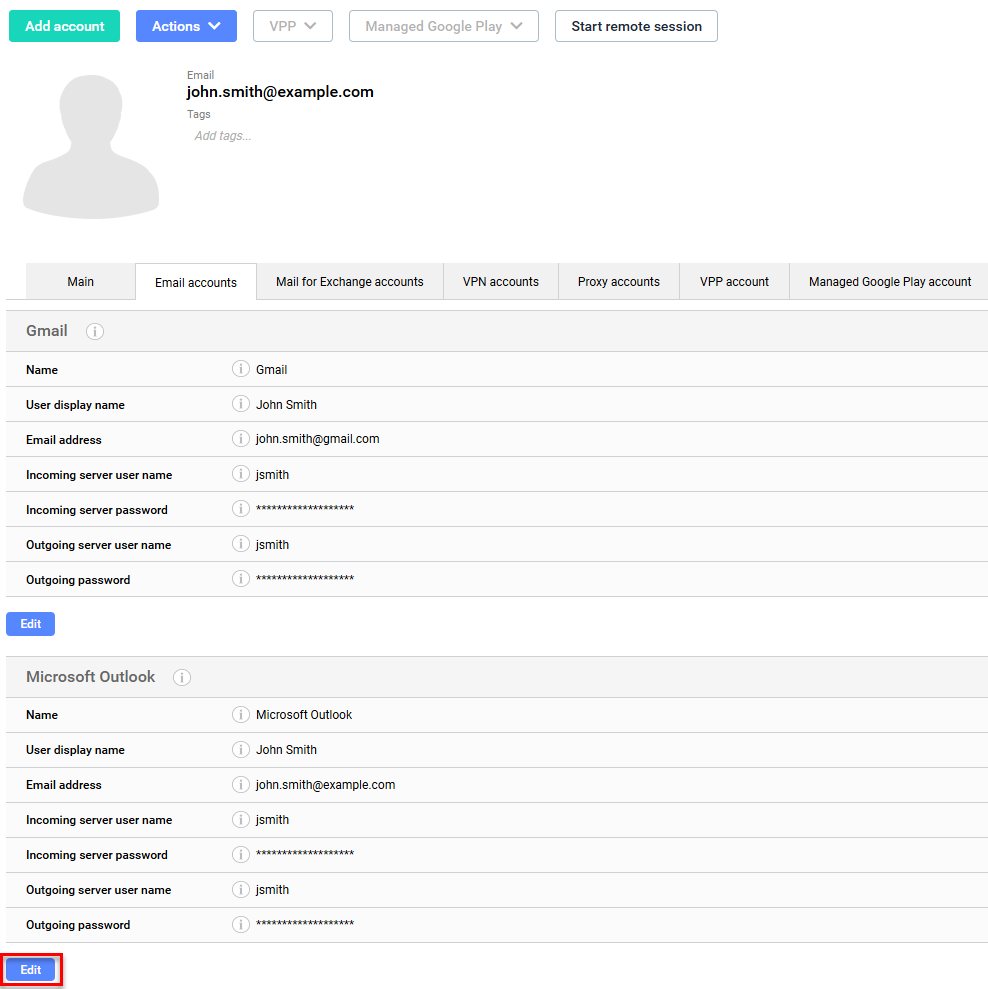 User profile page for 'john.smith@example.com' showing Add account, Actions, VPP, Managed Google Play, and Start remote session buttons, with the Email accounts tab selected displaying two email accounts: Gmail (populated with User display name 'John Smith', Email address 'john.smith@gmail.com', Incoming/Outgoing server user names 'jsmith', and masked passwords) and Microsoft Outlook (populated with User display name 'John Smith', Email address 'john.smith@example.com', Incoming/Outgoing server user names 'jsmith', and masked passwords), with the Microsoft Outlook Edit button highlighted by a red border.