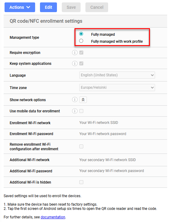 Miradore - android enterprise select management type