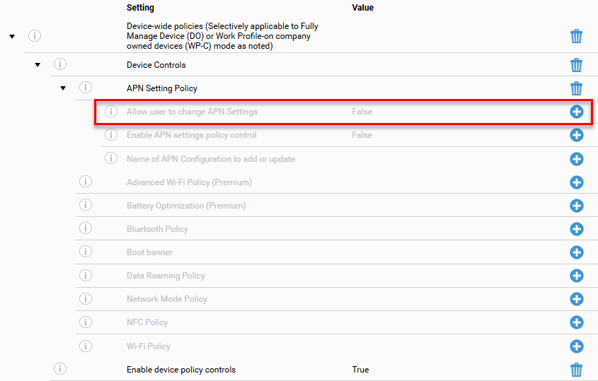 Configuration settings list under 'Device-wide policies' with 'Device Controls' and 'APN Setting Policy' expanded, showing Allow user to change APN Settings (False), Enable APN settings policy control (False), and Name of APN Configuration to add or update, followed by other Device Controls options, with the 'Allow user to change APN Settings' row highlighted by a red border.