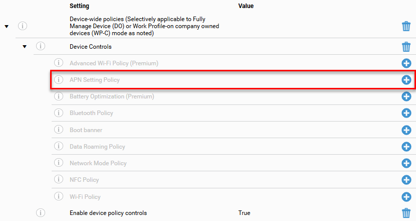 Configuration settings list under 'Device-wide policies' with 'Device Controls' expanded, showing Advanced Wi-Fi Policy (Premium), APN Setting Policy, Battery Optimization (Premium), Bluetooth Policy, Boot banner, Data Roaming Policy, Network Mode Policy, NFC Policy, Wi-Fi Policy, and Enable device policy controls (True), with the 'APN Setting Policy' row highlighted by a red border.