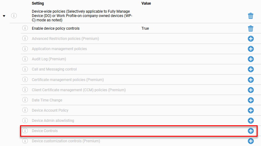 Configuration settings list under 'Device-wide policies (Selectively applicable to Fully Manage Device (DO) or Work Profile on company owned devices (WP-C) mode as noted)' showing Enable device policy controls (True), followed by options including Advanced Restriction policies (Premium), Application management policies, Call and Messaging control, Date Time Change, Device Account Policy, and Device Admin allowlisting, with the 'Device Controls' row highlighted by a red border.
