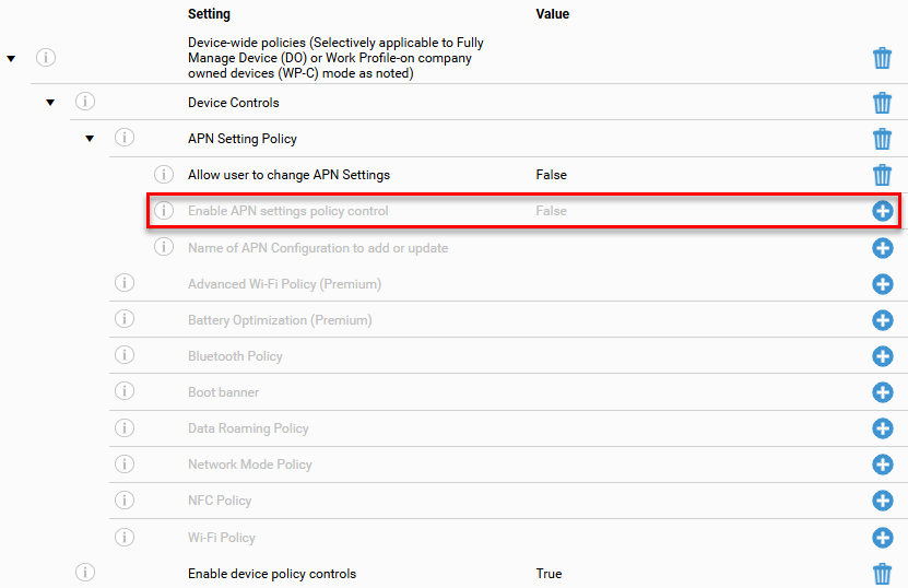 Configuration settings list under 'Device-wide policies' with 'Device Controls' and 'APN Setting Policy' expanded, showing Allow user to change APN Settings (False), Enable APN settings policy control (False), and Name of APN Configuration to add or update, followed by other Device Controls options, with the 'Enable APN settings policy control' row highlighted by a red border.
