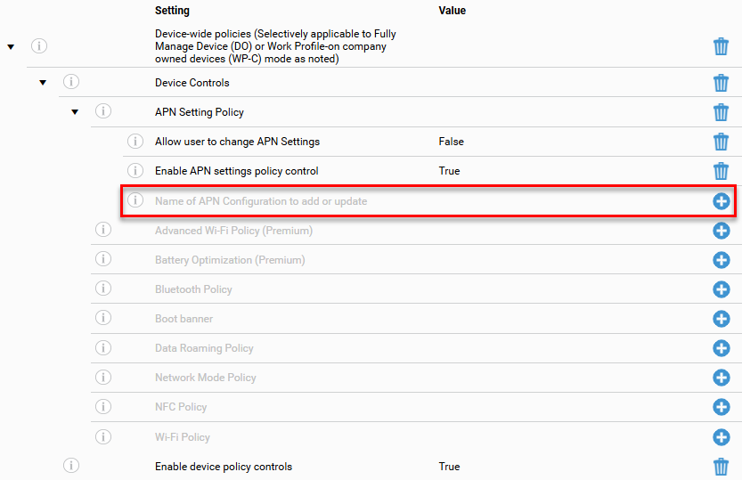Configuration settings list under 'Device-wide policies' with 'Device Controls' and 'APN Setting Policy' expanded, showing Allow user to change APN Settings (False), Enable APN settings policy control (True), and Name of APN Configuration to add or update, followed by other Device Controls options, with the 'Name of APN Configuration to add or update' row highlighted by a red border.