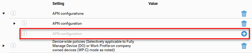 Configuration settings list with 'APN configurations' expanded, showing a collapsed 'APN configuration' entry and a second 'APN configuration' row highlighted by a red border with a plus icon to add another configuration.
