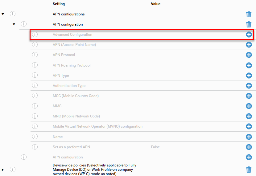 Configuration settings list with 'APN configurations' and 'APN configuration' expanded, showing the 'Advanced Configuration' row highlighted by a red border, followed by settings including APN (Access Point Name), APN Protocol, APN Roaming Protocol, APN Type, Authentication Type, MCC (Mobile Country Code), MMS, MNC (Mobile Network Code), Mobile Virtual Network Operator (MVNO) configuration, Name, and Set as a preferred APN.