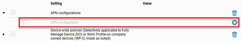 Configuration settings list with 'APN configurations' expanded, showing the 'APN configuration' row highlighted by a red border with a plus icon to add a new configuration.