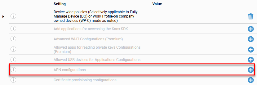 Configuration settings list showing a collapsed 'Device-wide policies' section, followed by options including Add applications for accessing the Knox SDK, Advanced Wi-Fi Configurations (Premium), Allowed apps for reading private keys Configurations (Premium), and Allowed USB devices for Applications Configurations, with the 'APN configurations' row highlighted by a red border.