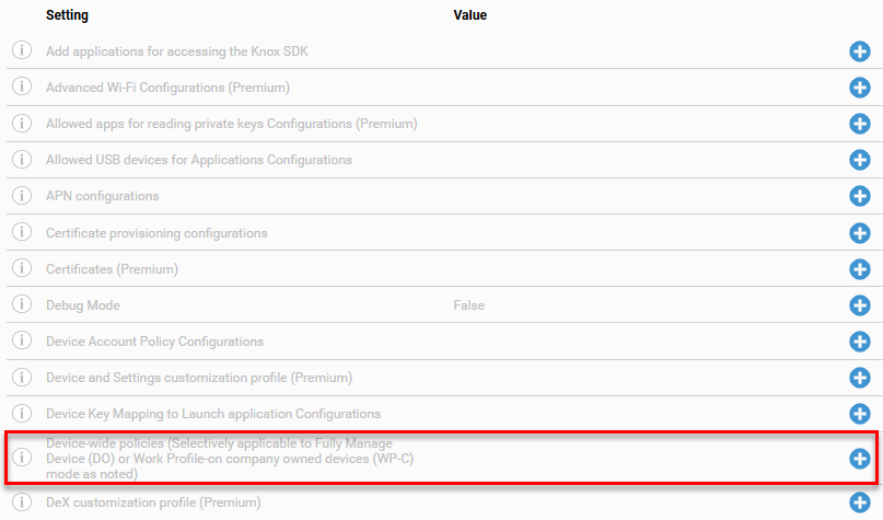 Configuration settings list showing various options including Add applications for accessing the Knox SDK, Advanced Wi-Fi Configurations (Premium), APN configurations, Certificate provisioning configurations, Debug Mode (False), Device Account Policy Configurations, Device and Settings customization profile (Premium), and Device Key Mapping to Launch application Configurations, with the 'Device-wide policies (Selectively applicable to Fully Manage Device (DO) or Work Profile on company owned devices (WP-C) mode as noted)' row highlighted by a red border.