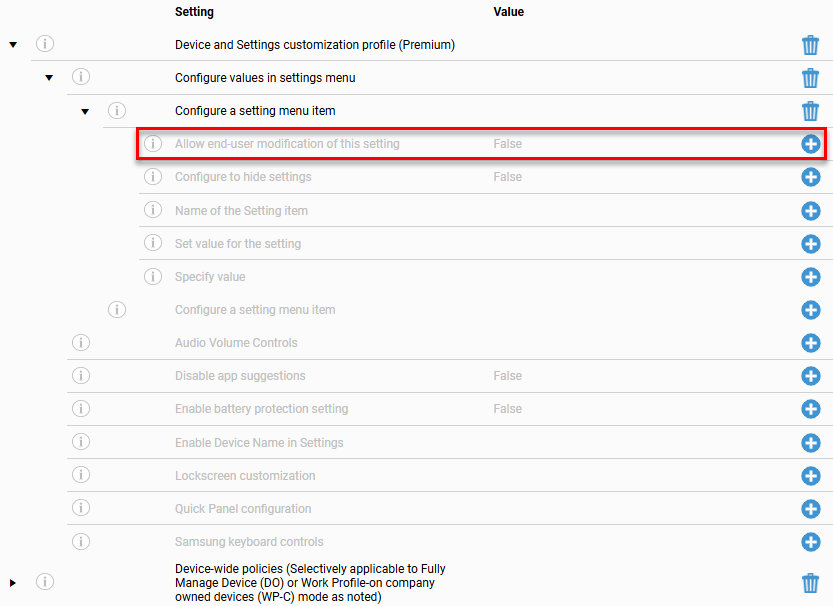 Configuration settings list under 'Device and Settings customization profile (Premium)' with 'Configure values in settings menu' and 'Configure a setting menu item' expanded, showing Allow end-user modification of this setting (False), Configure to hide settings (False), Name of the Setting item, Set value for the setting, and Specify value, followed by other settings including Audio Volume Controls, Disable app suggestions (False), Enable battery protection setting (False), Lockscreen customization, Quick Panel configuration, and Samsung keyboard controls, with the 'Allow end-user modification of this setting' row highlighted by a red border.