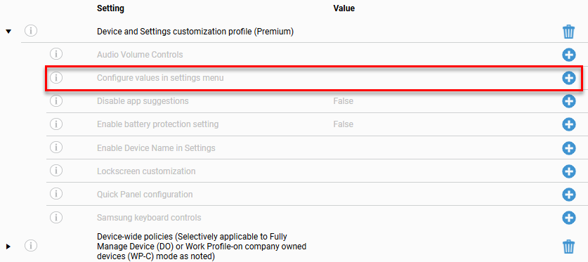 Configuration settings list under 'Device and Settings customization profile (Premium)' showing Audio Volume Controls, Configure values in settings menu, Disable app suggestions (False), Enable battery protection setting (False), Enable Device Name in Settings, Lockscreen customization, Quick Panel configuration, and Samsung keyboard controls, with the 'Configure values in settings menu' row highlighted by a red border.