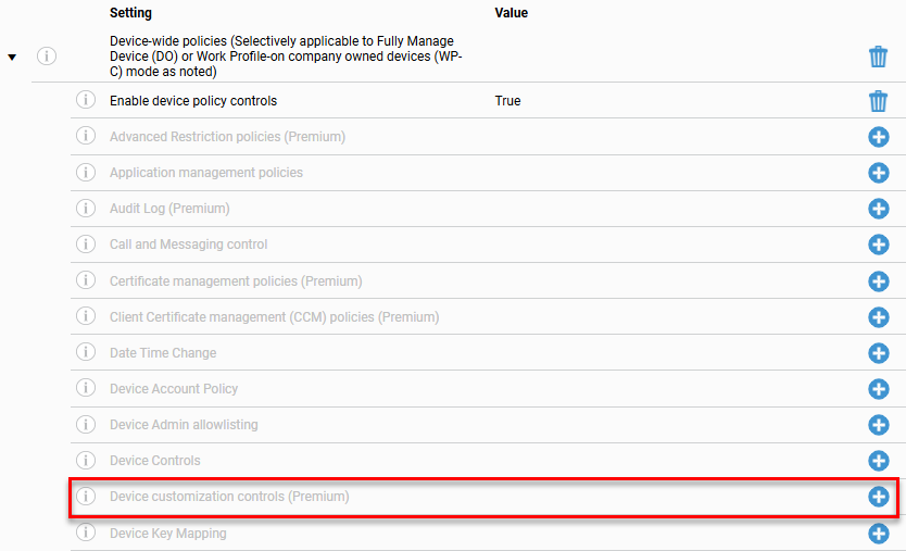 Configuration settings list under 'Device-wide policies (Selectively applicable to Fully Manage Device (DO) or Work Profile on company owned devices (WP-C) mode as noted)' showing Enable device policy controls (True), followed by options including Advanced Restriction policies (Premium), Application management policies, Audit Log (Premium), Call and Messaging control, Date Time Change, Device Account Policy, Device Admin allowlisting, and Device Controls, with the 'Device customization controls (Premium)' row highlighted by a red border.