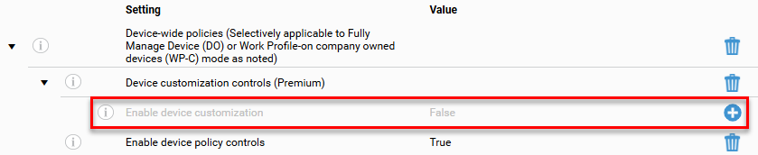 Configuration settings list under 'Device-wide policies' with 'Device customization controls (Premium)' expanded, showing Enable device policy controls (True) and the 'Enable device customization' row set to False and highlighted by a red border.