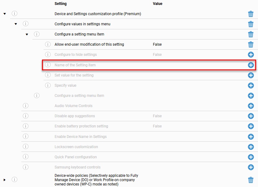 Configuration settings list under 'Device and Settings customization profile (Premium)' with 'Configure values in settings menu' and 'Configure a setting menu item' expanded, showing Allow end-user modification of this setting (False), Configure to hide settings (False), Name of the Setting item, Set value for the setting, and Specify value, followed by other settings including Audio Volume Controls, Disable app suggestions (False), Enable battery protection setting (False), Lockscreen customization, Quick Panel configuration, and Samsung keyboard controls, with the 'Name of the Setting item' row highlighted by a red border.
