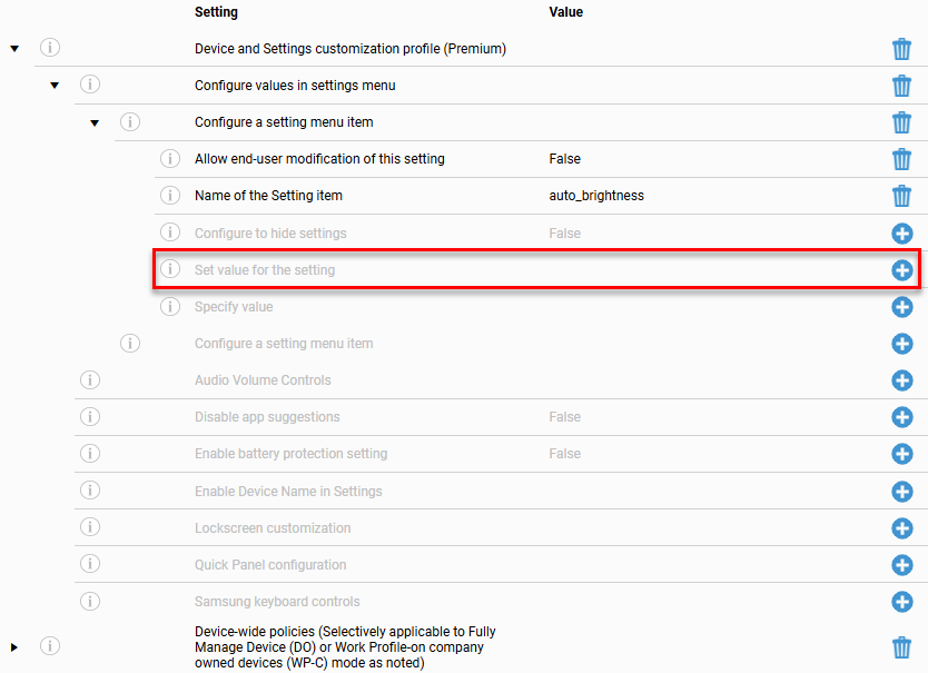 Configuration settings list under 'Device and Settings customization profile (Premium)' with 'Configure values in settings menu' and 'Configure a setting menu item' expanded, showing Allow end-user modification of this setting (False), Name of the Setting item ('auto_brightness'), Configure to hide settings (False), Set value for the setting, and Specify value, followed by other settings including Audio Volume Controls, Disable app suggestions (False), Enable battery protection setting (False), Lockscreen customization, Quick Panel configuration, and Samsung keyboard controls, with the 'Set value for the setting' row highlighted by a red border.