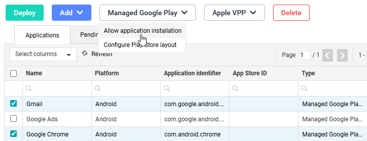 Application list page showing Deploy, Add, Managed Google Play, Apple VPP, and Delete buttons, with the Managed Google Play drop-down open displaying options 'Allow application installation' and 'Configure Play Store layout', and a table listing Android applications Gmail, Google Ads, and Google Chrome (Type: Managed Google Pla...), with Gmail and Google Chrome selected.