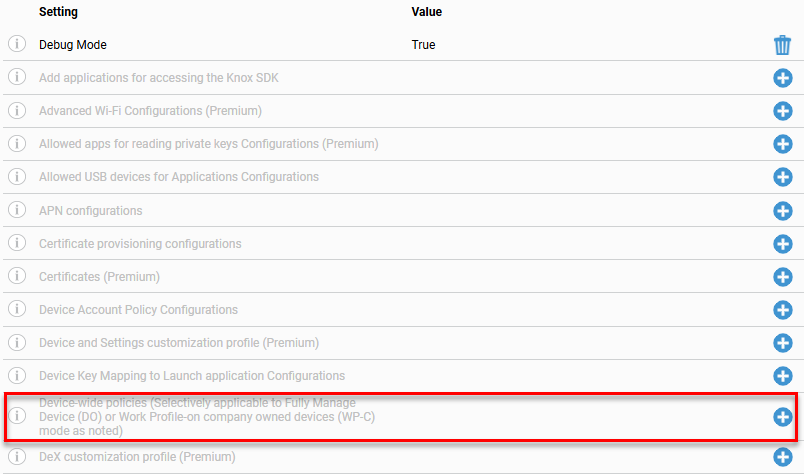 Configuration settings list showing various options including Add applications for accessing the Knox SDK, Advanced Wi-Fi Configurations (Premium), APN configurations, Certificate provisioning configurations, Debug Mode (False), Device Account Policy Configurations, Device and Settings customization profile (Premium), and Device Key Mapping to Launch application Configurations, with the 'Device-wide policies (Selectively applicable to Fully Manage Device (DO) or Work Profile on company owned devices (WP-C) mode as noted)' row highlighted by a red border.