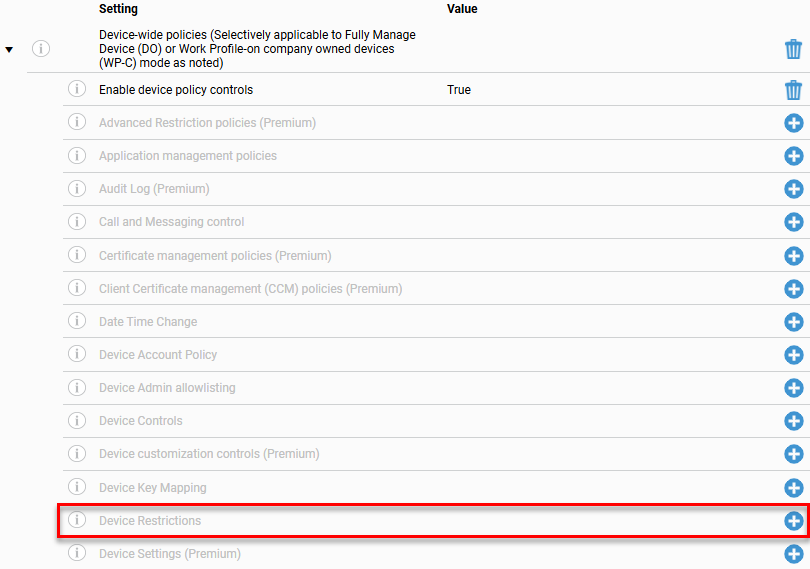Configuration settings list under 'Device-wide policies (Selectively applicable to Fully Manage Device (DO) or Work Profile on company owned devices (WP-C) mode as noted)' showing options including Advanced Restriction policies (Premium), Application management policies, Audit Log (Premium), Call and Messaging control, Certificate management policies (Premium), Date Time Change, Device Account Policy, Device Admin allowlisting, Device Controls, Device customization controls (Premium), and Device Key Mapping, with the 'Device Restrictions' row highlighted by a red border.